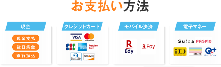 お支払方法：現金、クレジットカード、電子マネー、モバイル決済